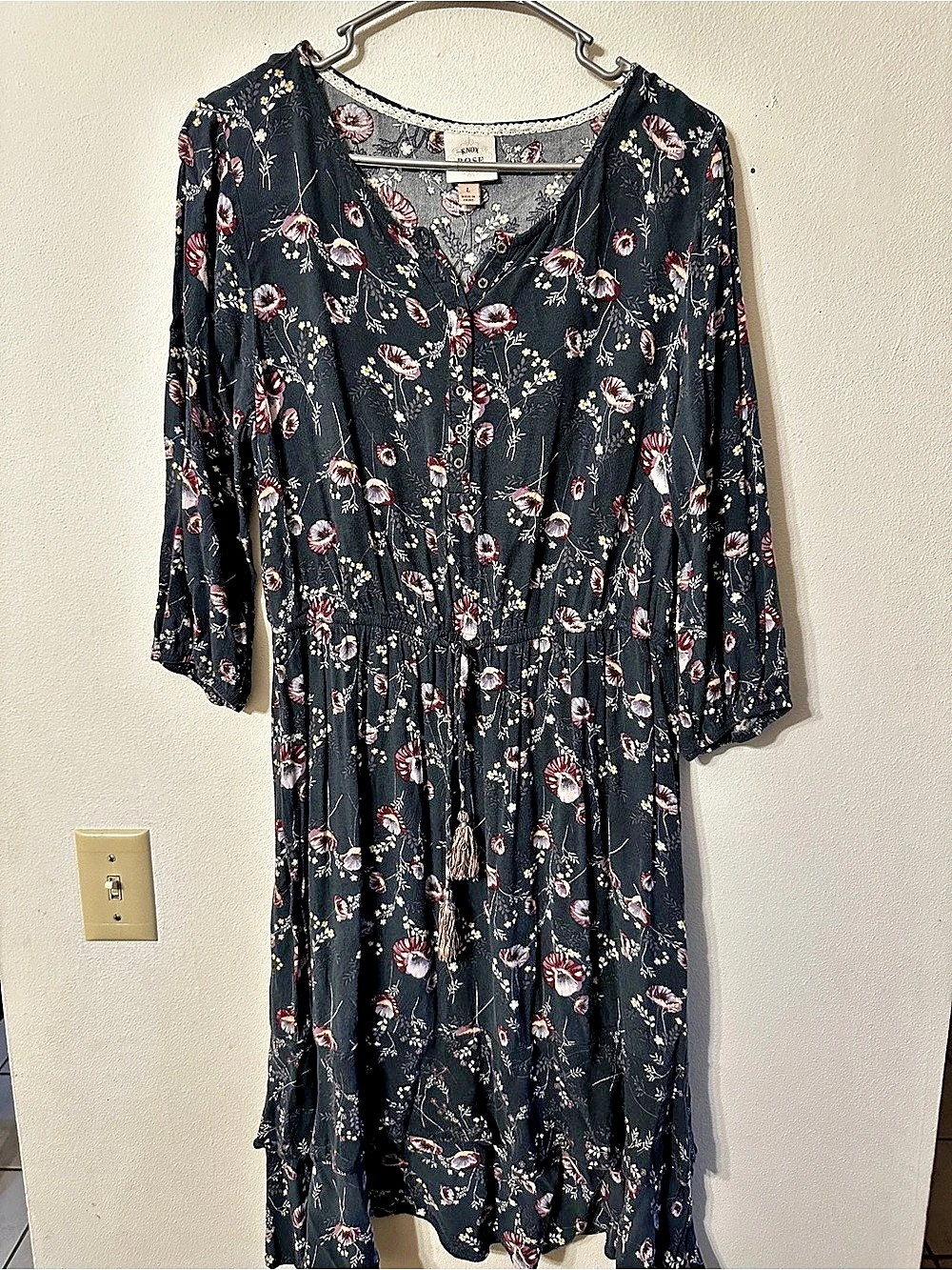 Knox Rose Black Floral Long Sleeve Tiered Dress Midi Dress, Large